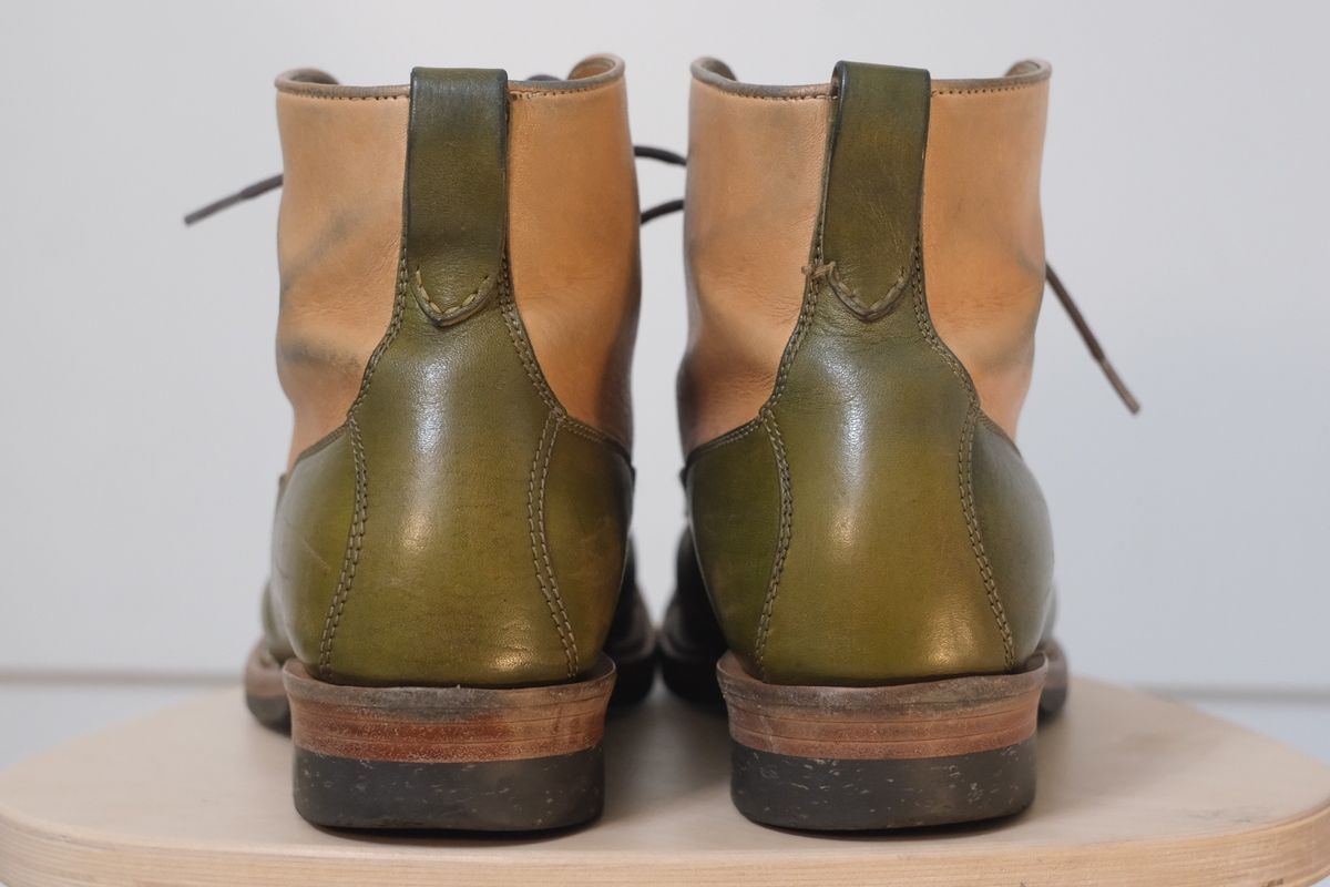 Photo by KentuckyDenimHead on January 6, 2024 of the Midas Vanquish Blucher Boot in Shinki Natural Horsehide Overdyed Olive.