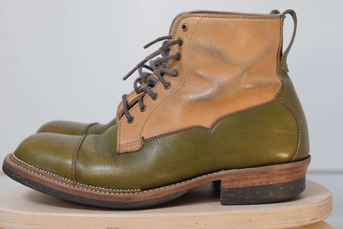Photo by KentuckyDenimHead on January 6, 2024 of the Midas Vanquish Blucher Boot in Shinki Natural Horsehide Overdyed Olive.
