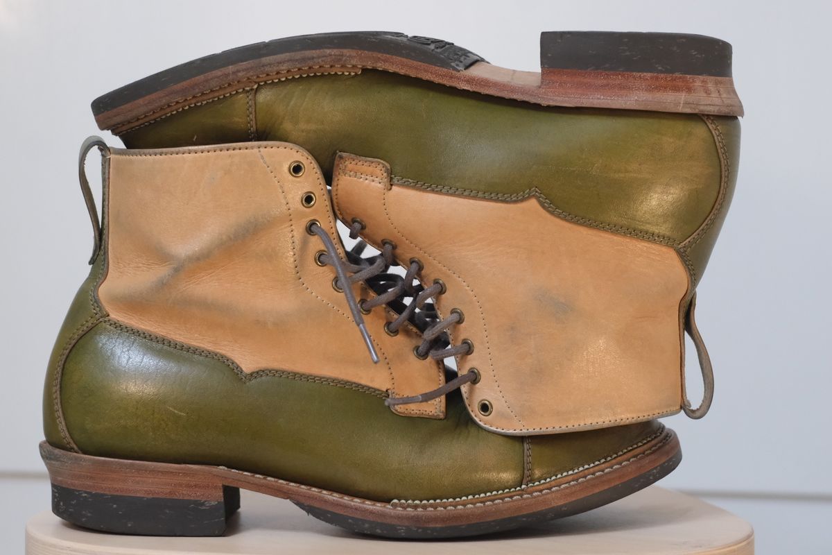 Photo by KentuckyDenimHead on January 6, 2024 of the Midas Vanquish Blucher Boot in Shinki Natural Horsehide Overdyed Olive.
