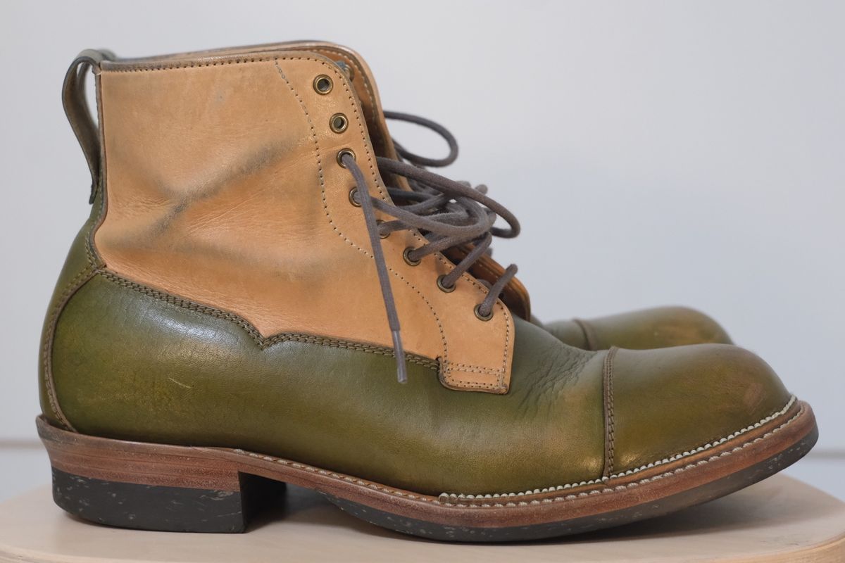 Photo by KentuckyDenimHead on January 6, 2024 of the Midas Vanquish Blucher Boot in Shinki Natural Horsehide Overdyed Olive.