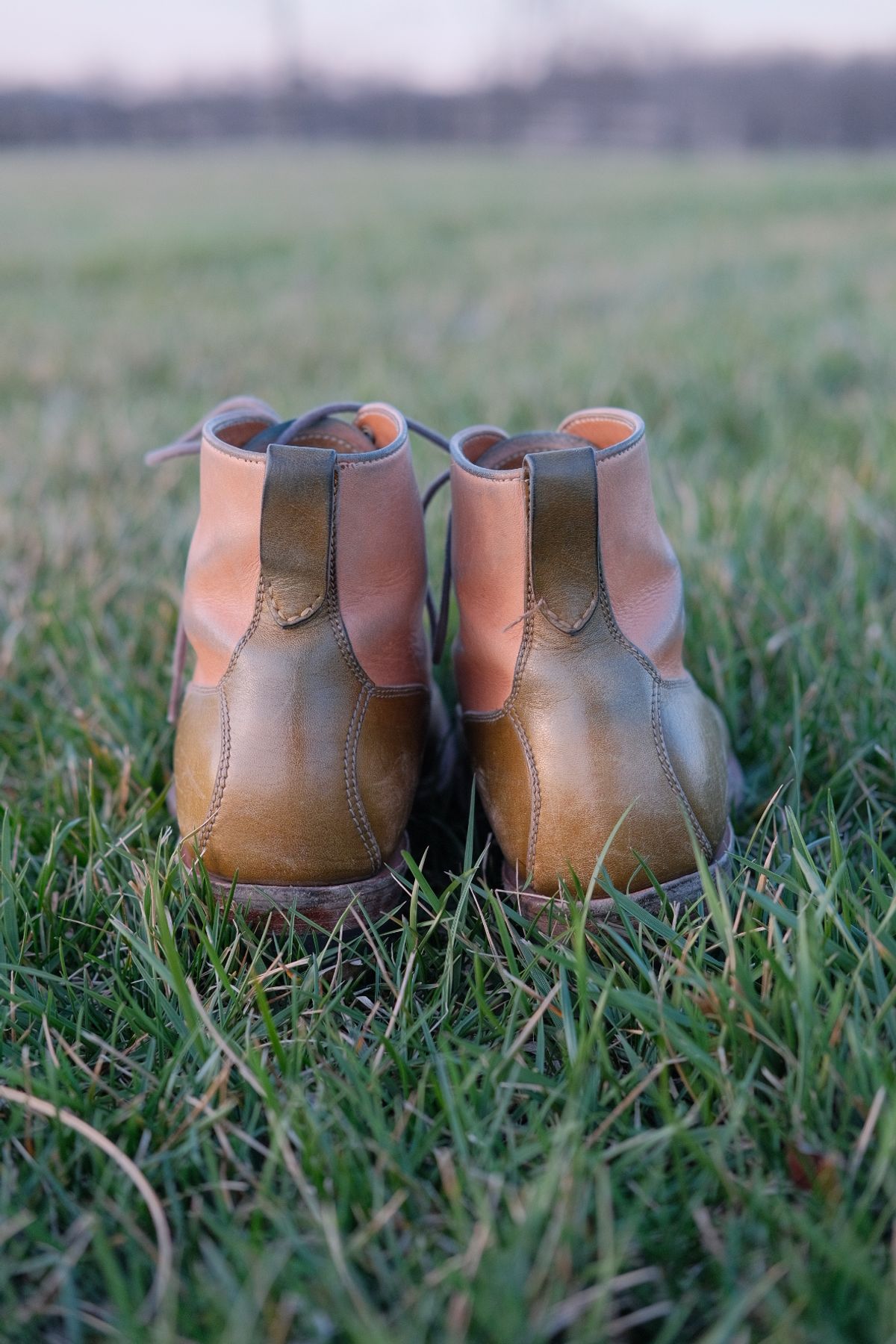 Photo by KentuckyDenimHead on March 4, 2024 of the Midas Vanquish Blucher Boot in Shinki Natural Horsehide Overdyed Olive.