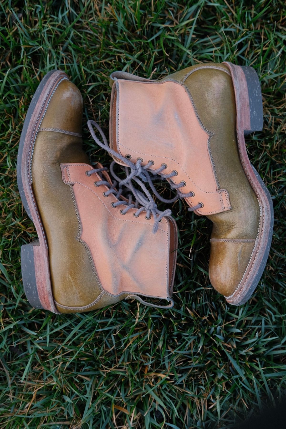 Photo by KentuckyDenimHead on March 4, 2024 of the Midas Vanquish Blucher Boot in Shinki Natural Horsehide Overdyed Olive.