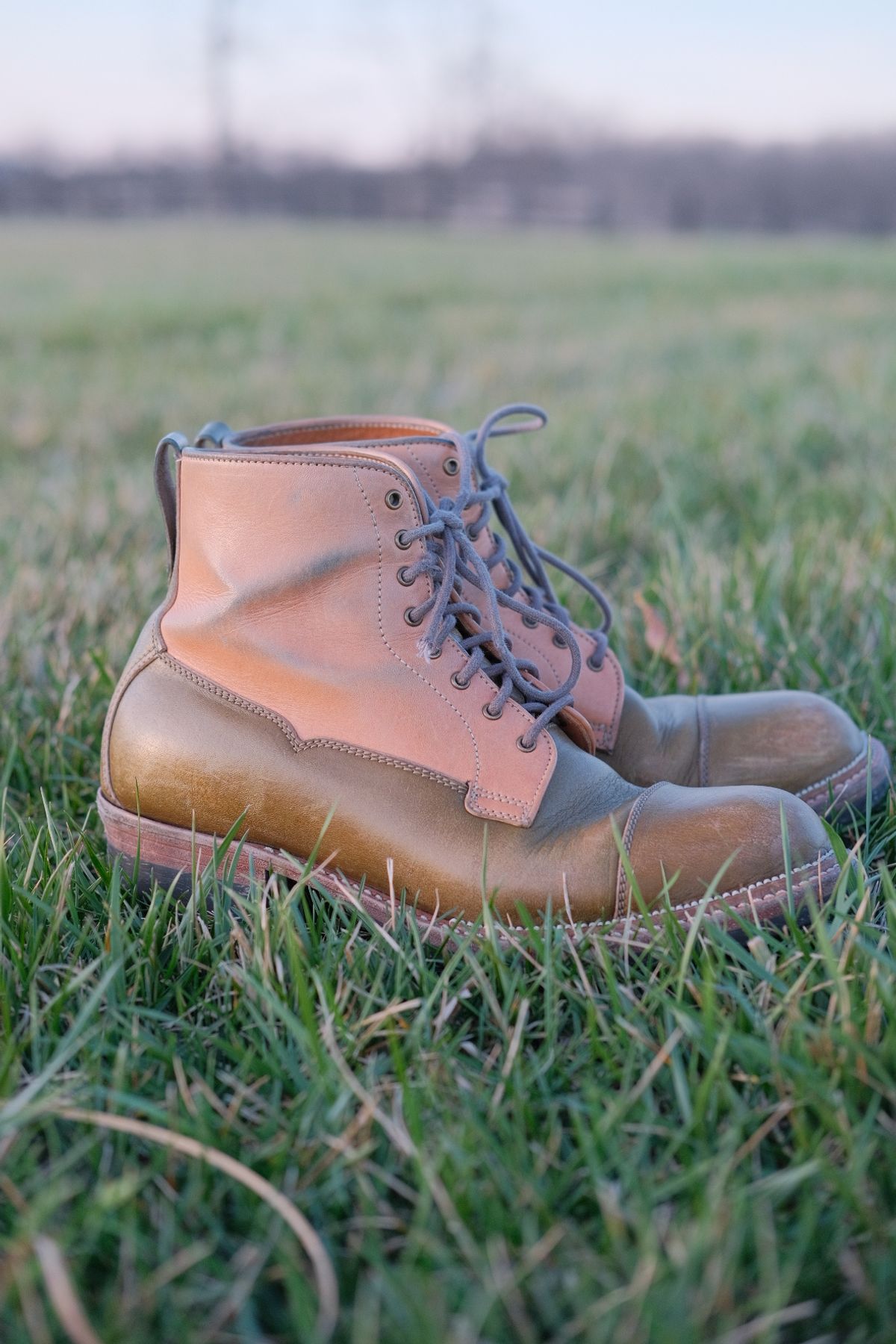 Photo by KentuckyDenimHead on March 4, 2024 of the Midas Vanquish Blucher Boot in Shinki Natural Horsehide Overdyed Olive.