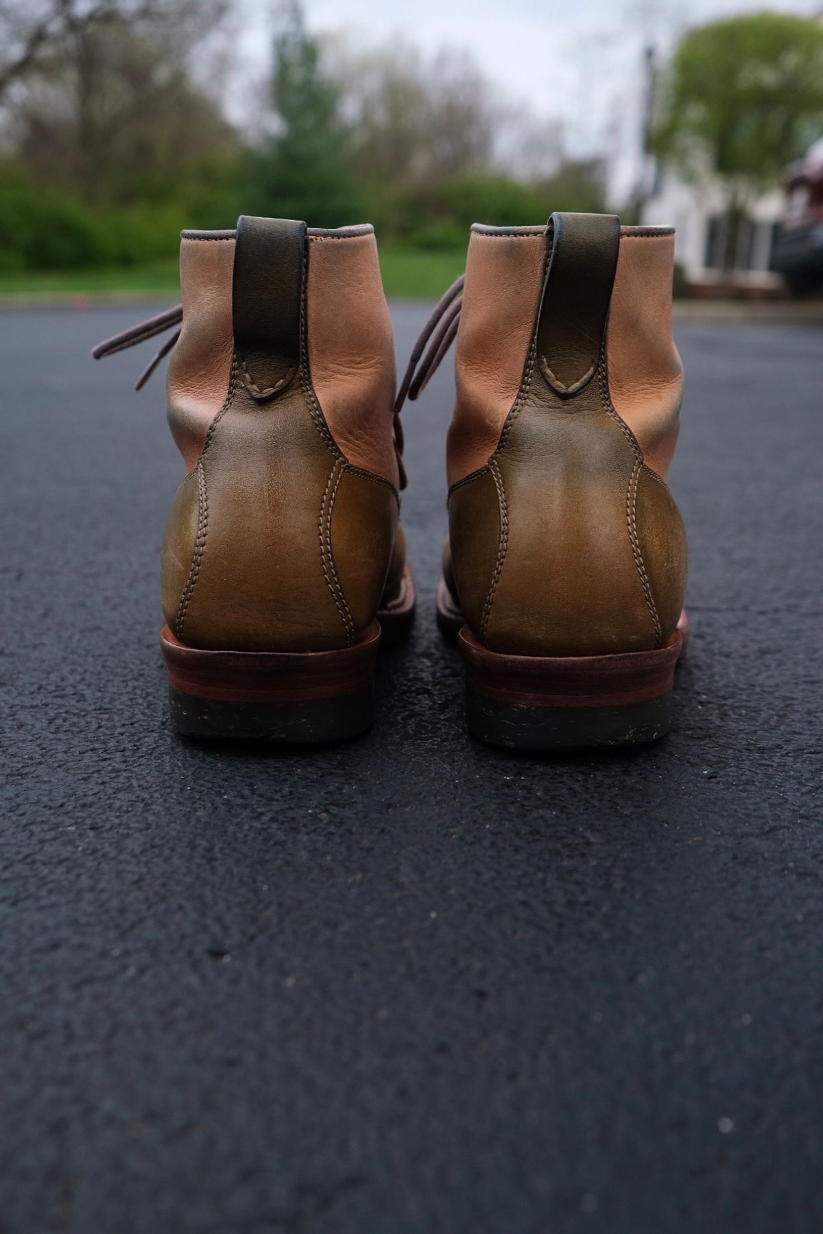Photo by KentuckyDenimHead on April 5, 2024 of the Midas Vanquish Blucher Boot in Shinki Natural Horsehide Overdyed Olive.
