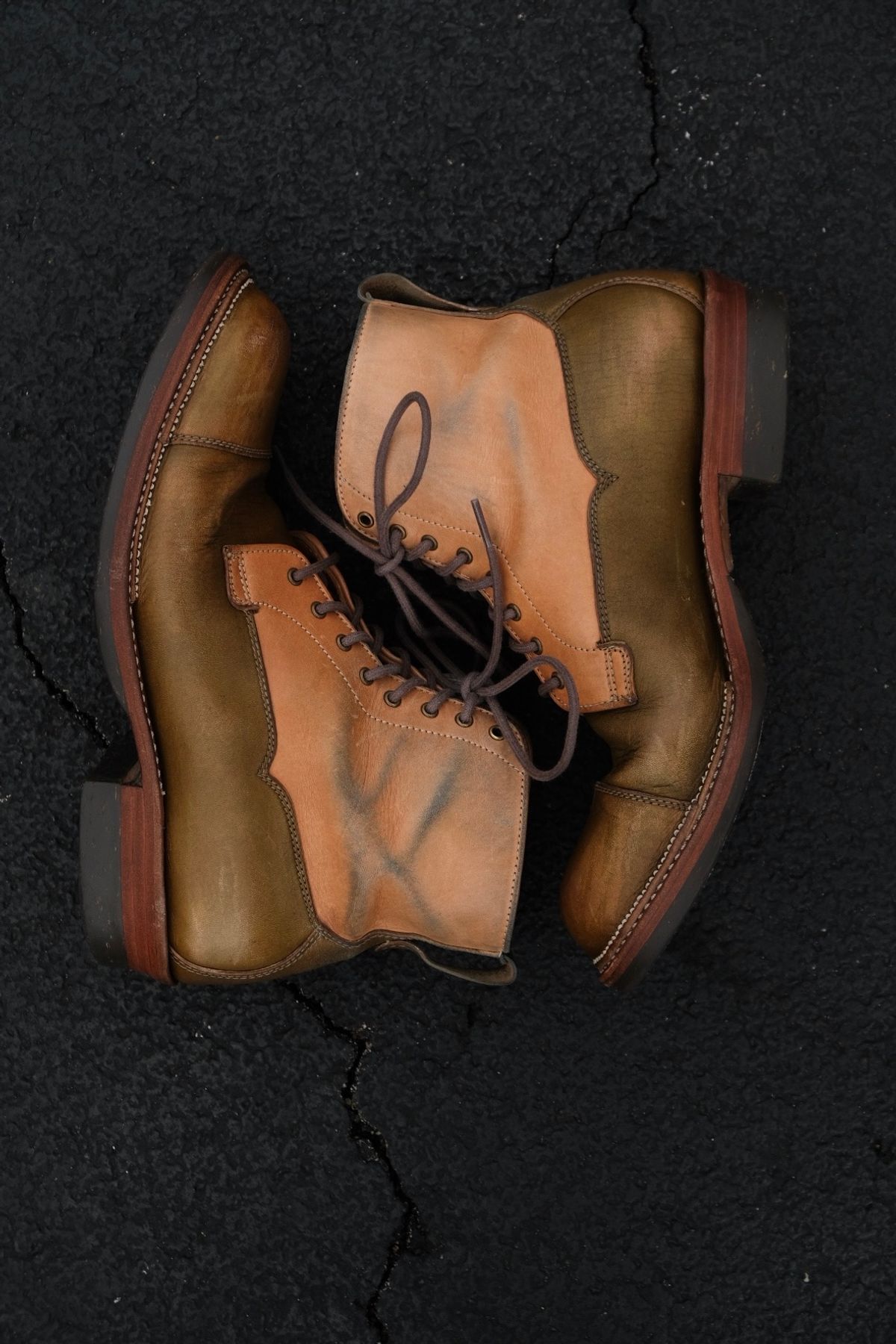 Photo by KentuckyDenimHead on April 5, 2024 of the Midas Vanquish Blucher Boot in Shinki Natural Horsehide Overdyed Olive.