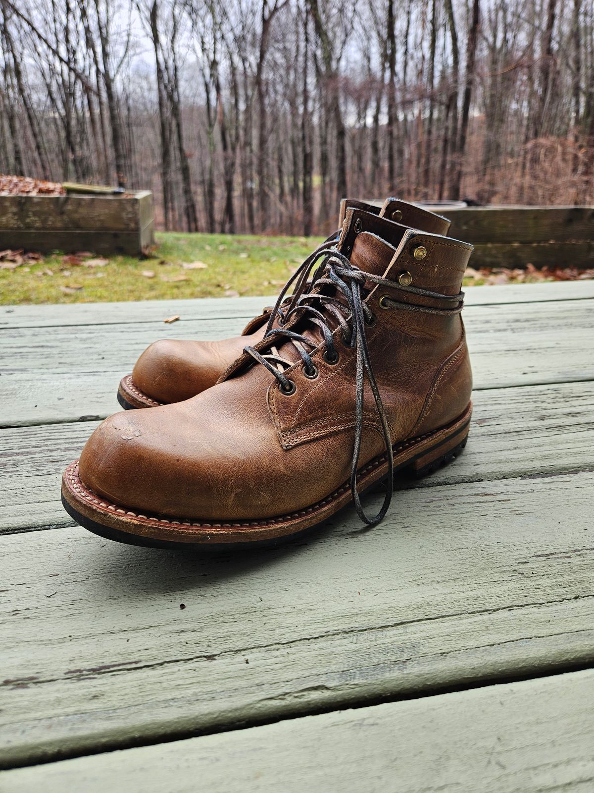 Photo by AJThrash on January 1, 2025 of the Truman Plain Toe Boot in Horween Natural Cypress.