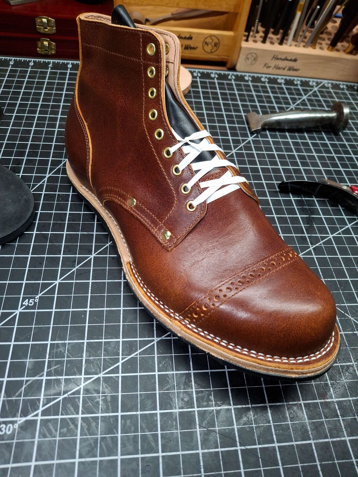 Photo by RawCordedSoul on April 6, 2025 of the New River Boot BARKSDALE in Horween Cognac Aspen Double Horsefront.