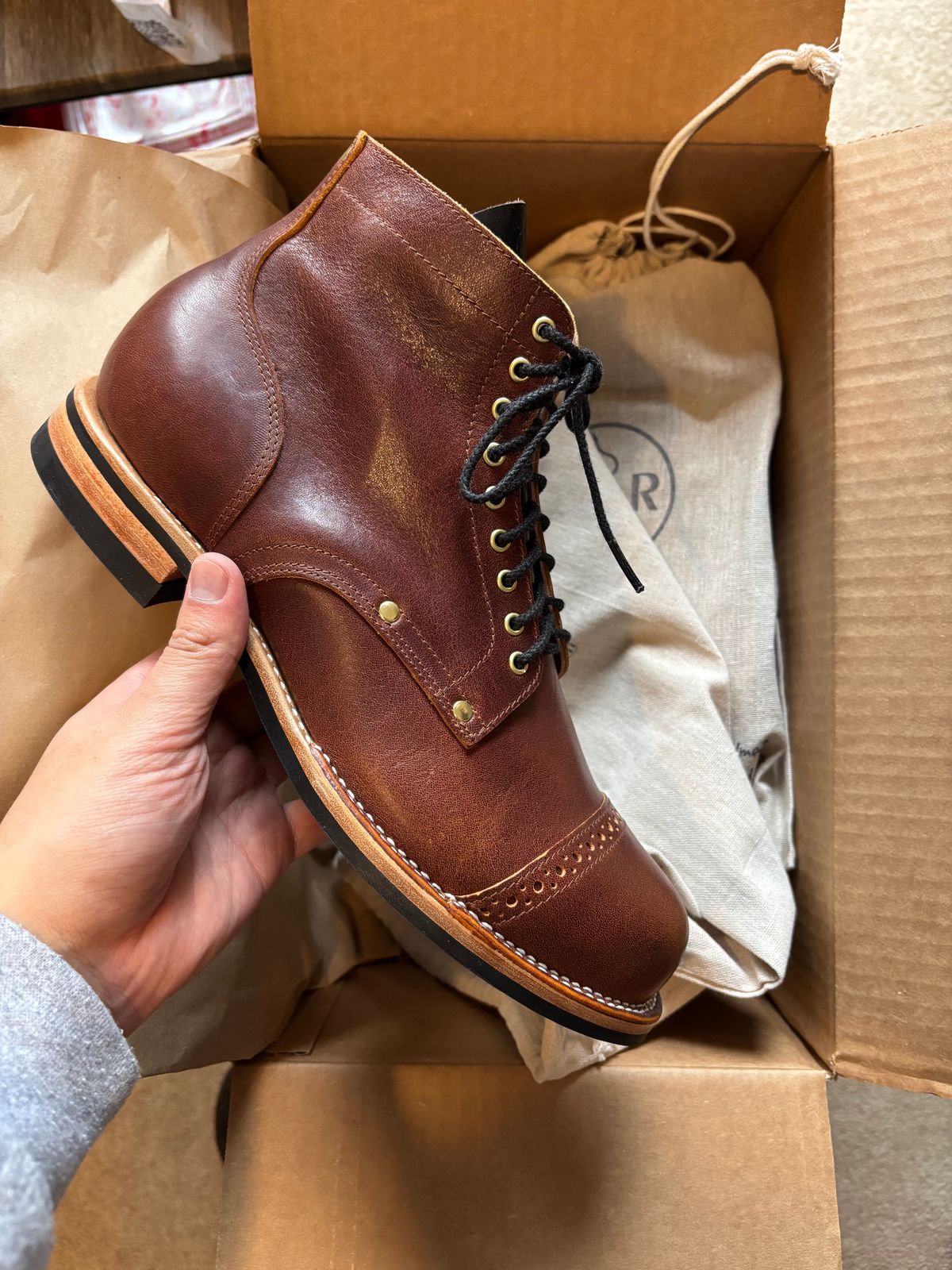 Photo by RawCordedSoul on April 12, 2025 of the New River Boot BARKSDALE in Horween Cognac Aspen Double Horsefront.