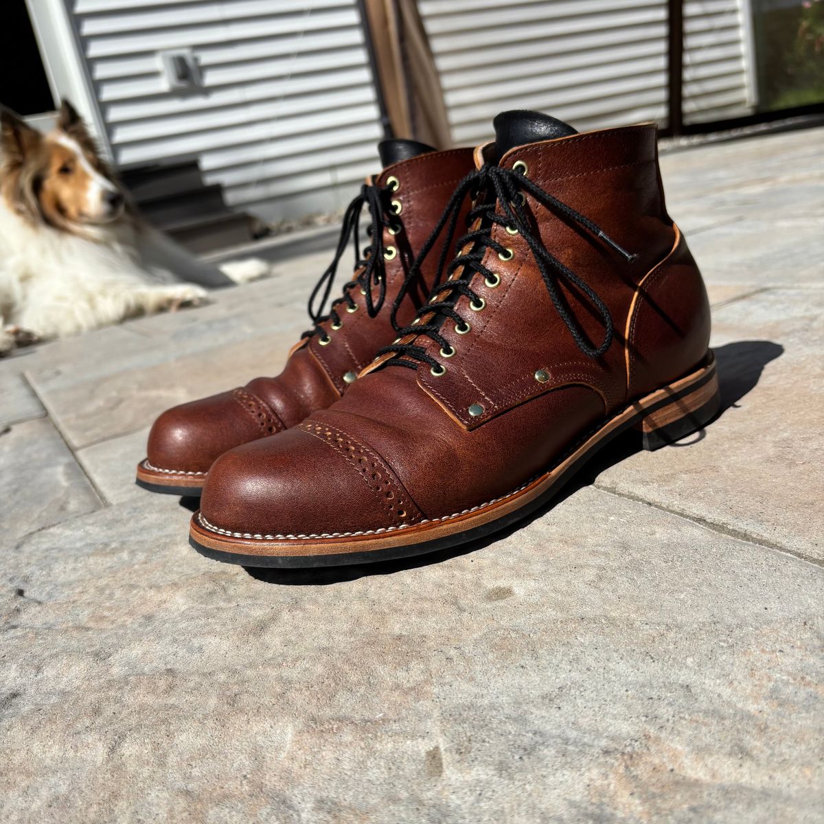 Photo by RawCordedSoul on July 4, 2025 of the New River Boot BARKSDALE in Horween Cognac Aspen Double Horsefront.