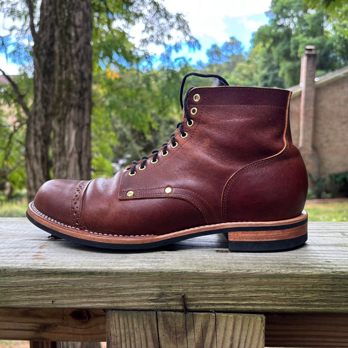 Photo by RawCordedSoul on August 30, 2025 of the New River Boot BARKSDALE in Horween Cognac Aspen Double Horsefront.