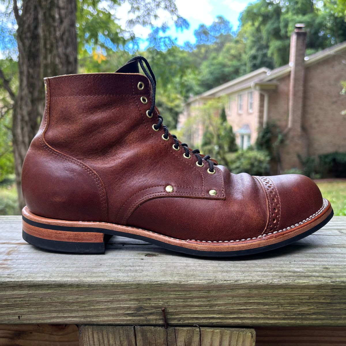 Photo by RawCordedSoul on August 30, 2025 of the New River Boot BARKSDALE in Horween Cognac Aspen Double Horsefront.