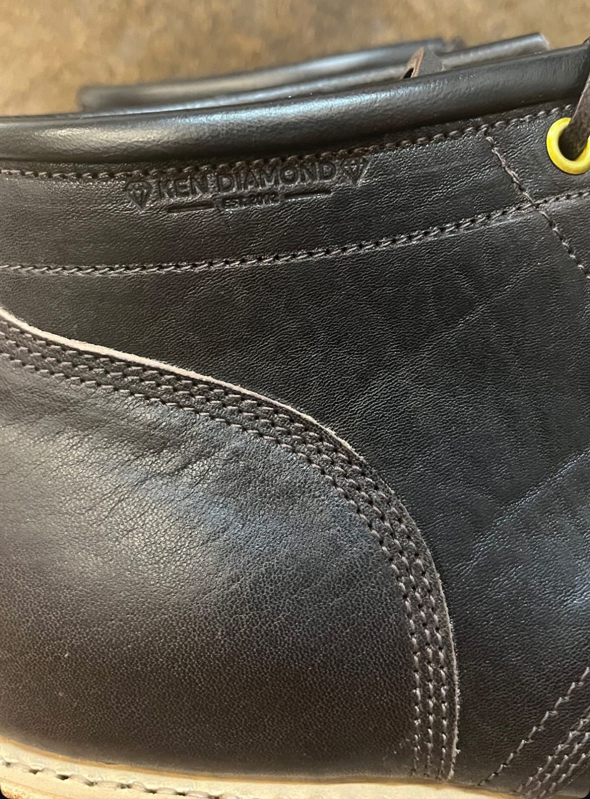 Photo by RawCordedSoul on March 6, 2025 of the Ken Diamond 1/2 Cut in Horween Dark Brown Aspen Double Horsefront.