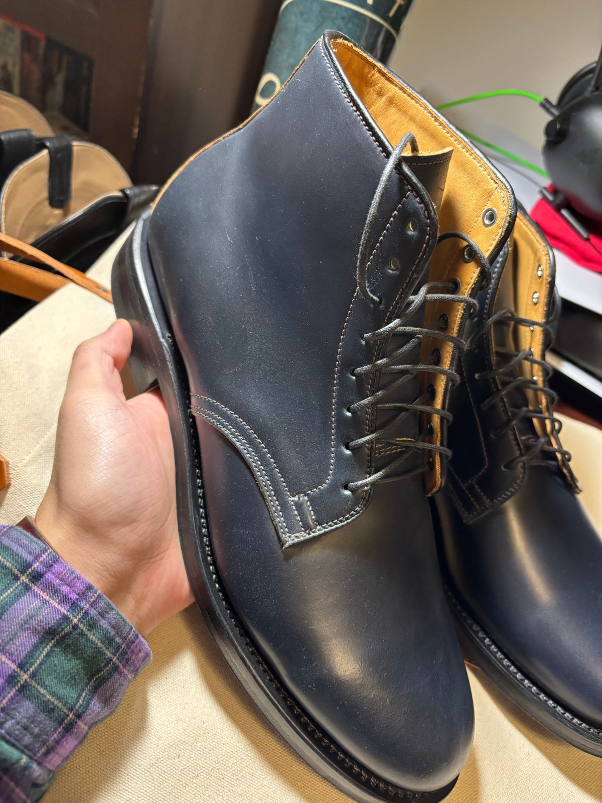 Photo by RawCordedSoul on March 9, 2025 of the Viberg Derby Boot in Horween Navy Unglazed Shell Cordovan.