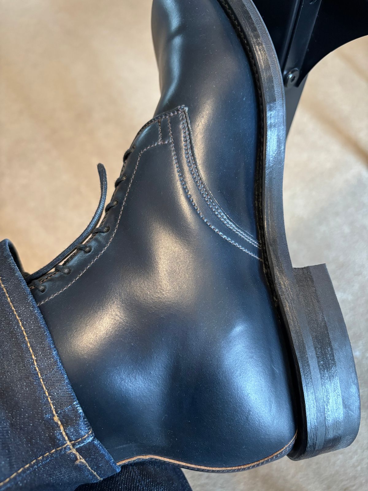 Photo by RawCordedSoul on March 22, 2025 of the Viberg Derby Boot in Horween Navy Unglazed Shell Cordovan.