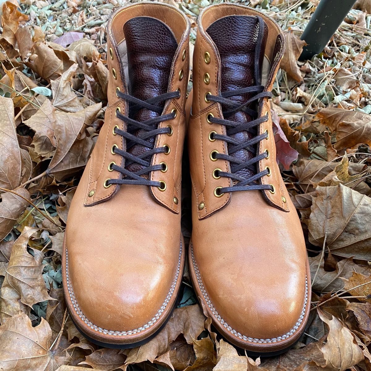 Photo by RawCordedSoul on December 1, 2023 of the Iron Boots x Østmo Type 1 in Maryam Washed Natural Horsefront.