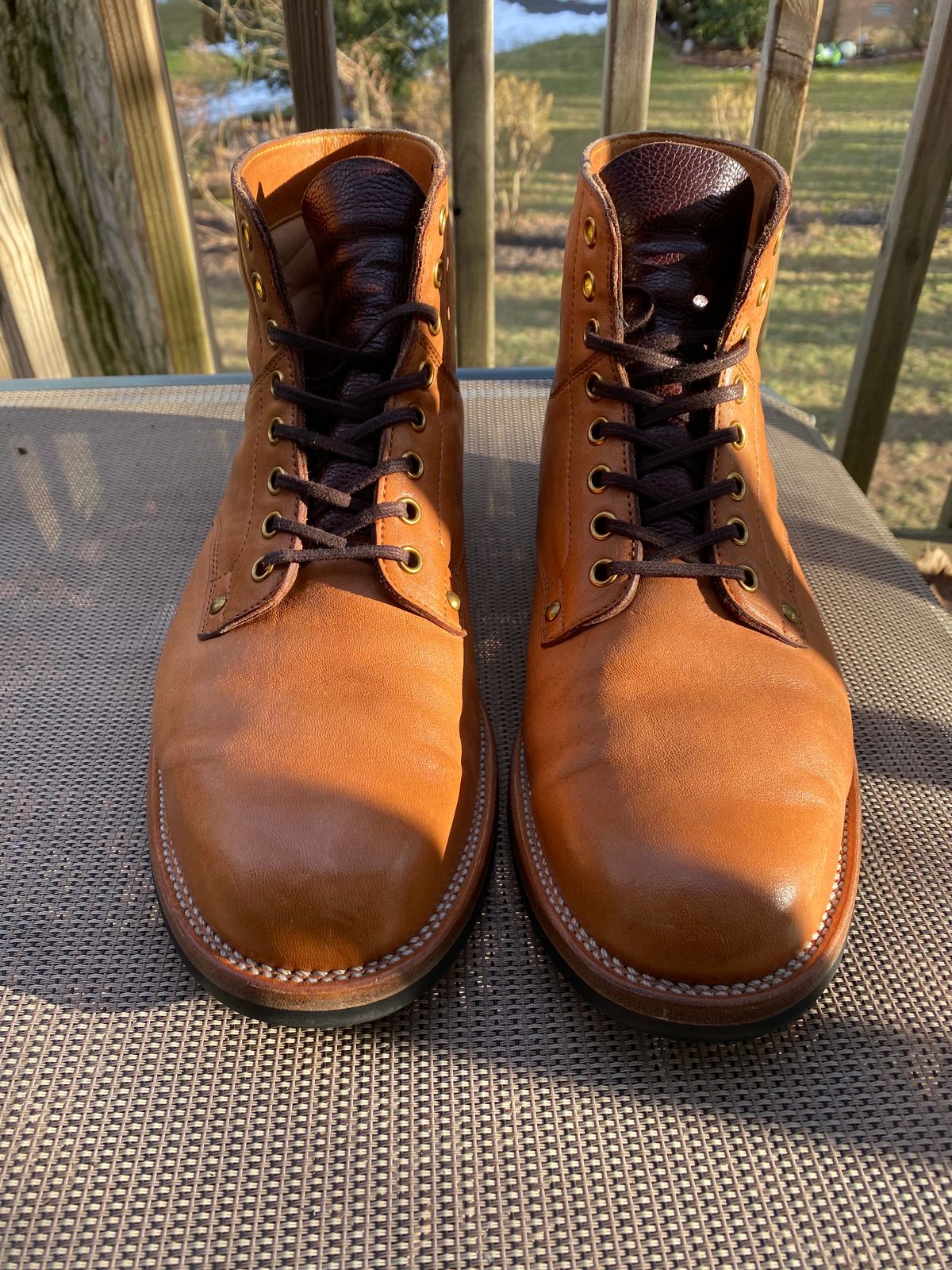 Photo by RawCordedSoul on February 3, 2024 of the Iron Boots x Østmo Type 1 in Maryam Washed Natural Horsefront.