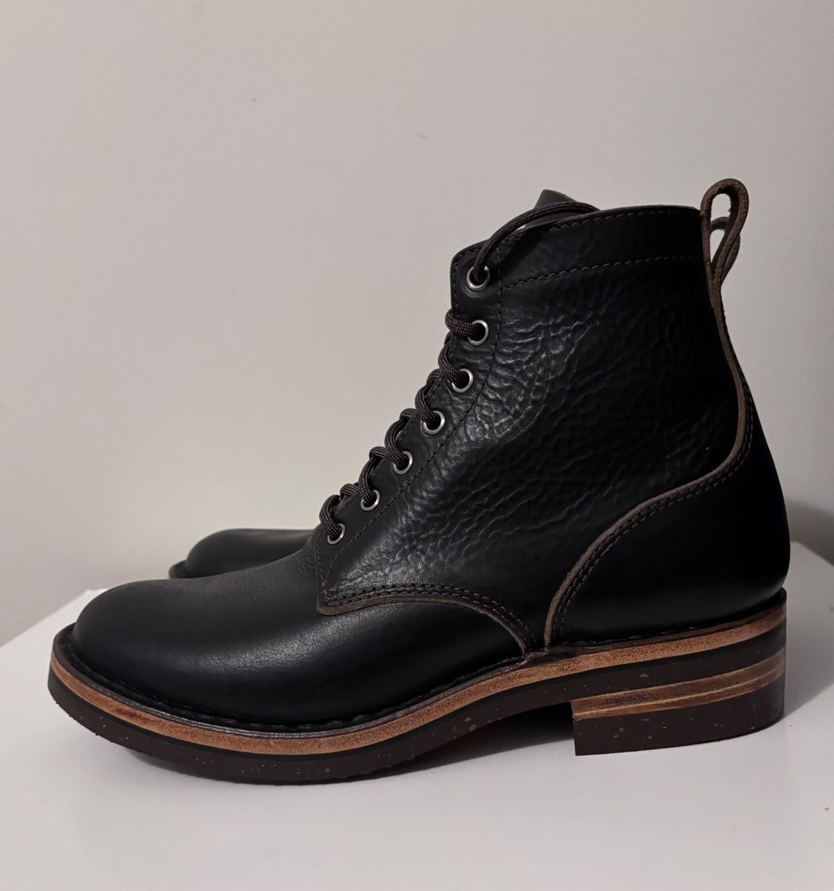 Photo by RawCordedSoul on November 9, 2024 of the BHHB Custom Model in Horween Tumbled Black Chromexcel.