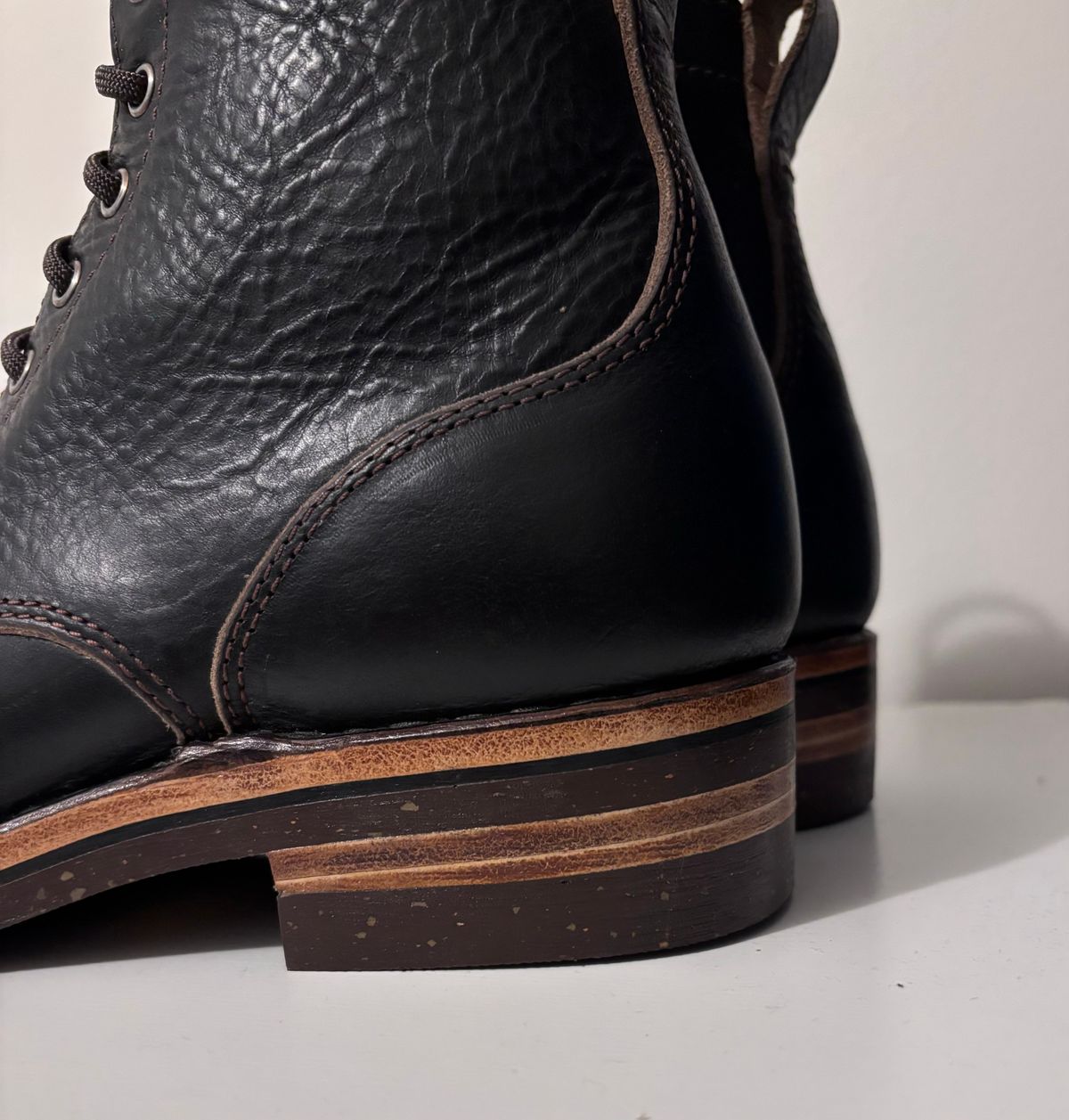 Photo by RawCordedSoul on November 9, 2024 of the BHHB Custom Model in Horween Tumbled Black Chromexcel.