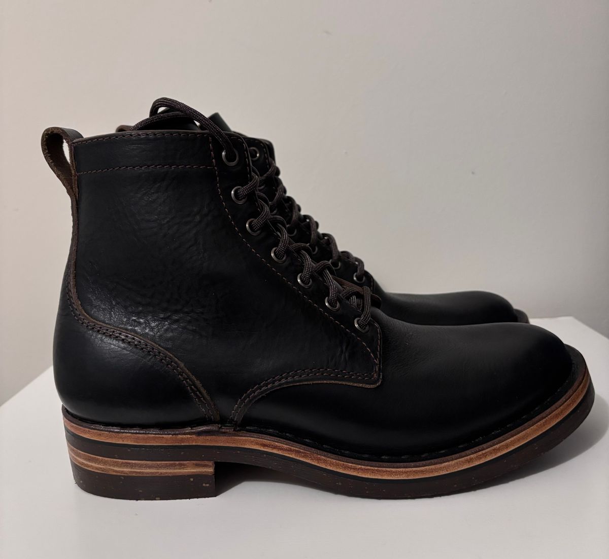 Photo by RawCordedSoul on November 9, 2024 of the BHHB Custom Model in Horween Tumbled Black Chromexcel.