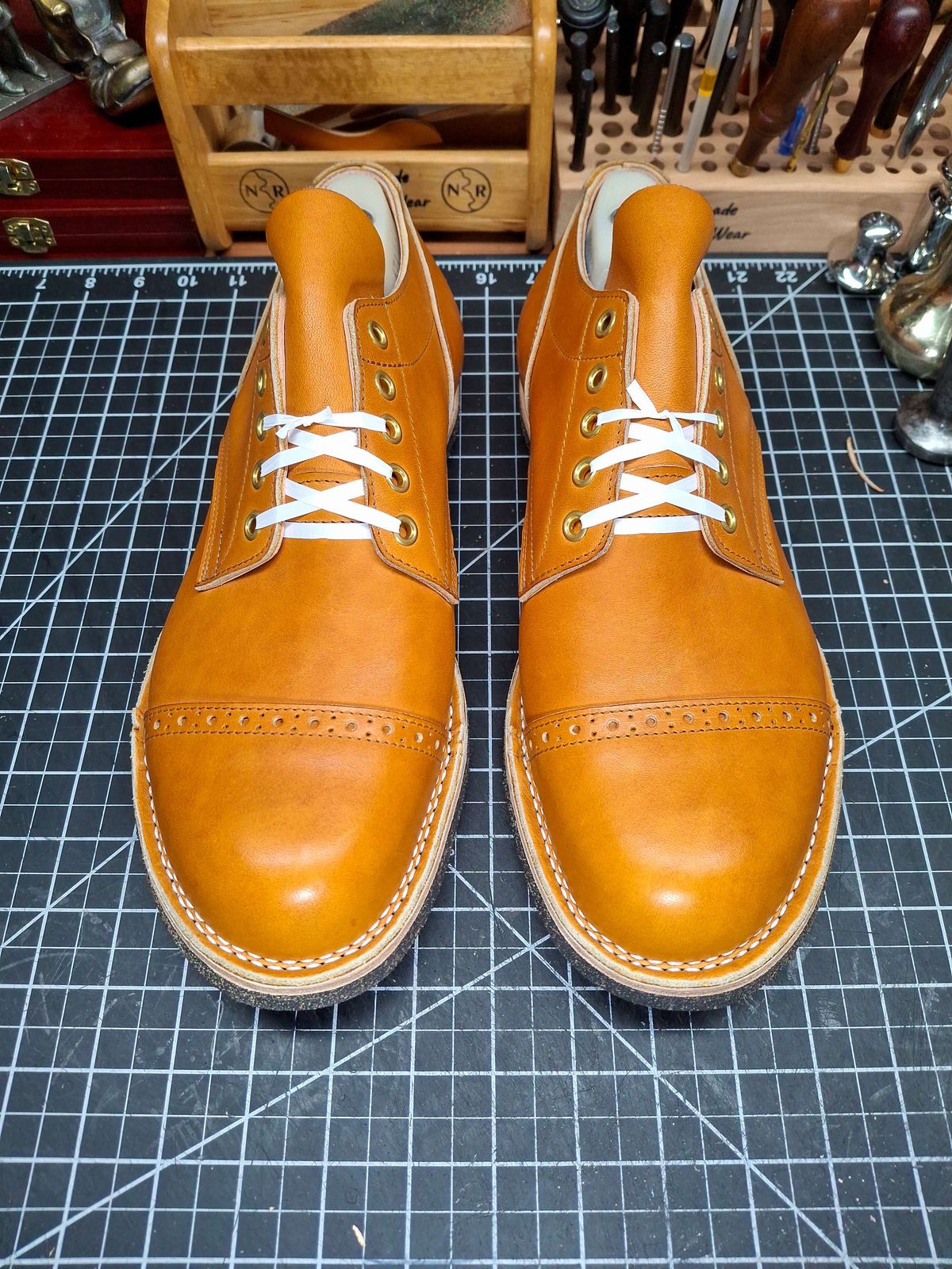 Photo by RawCordedSoul on June 26, 2025 of the New River Boot Quade in Horween X Baseball Glove, Tan.