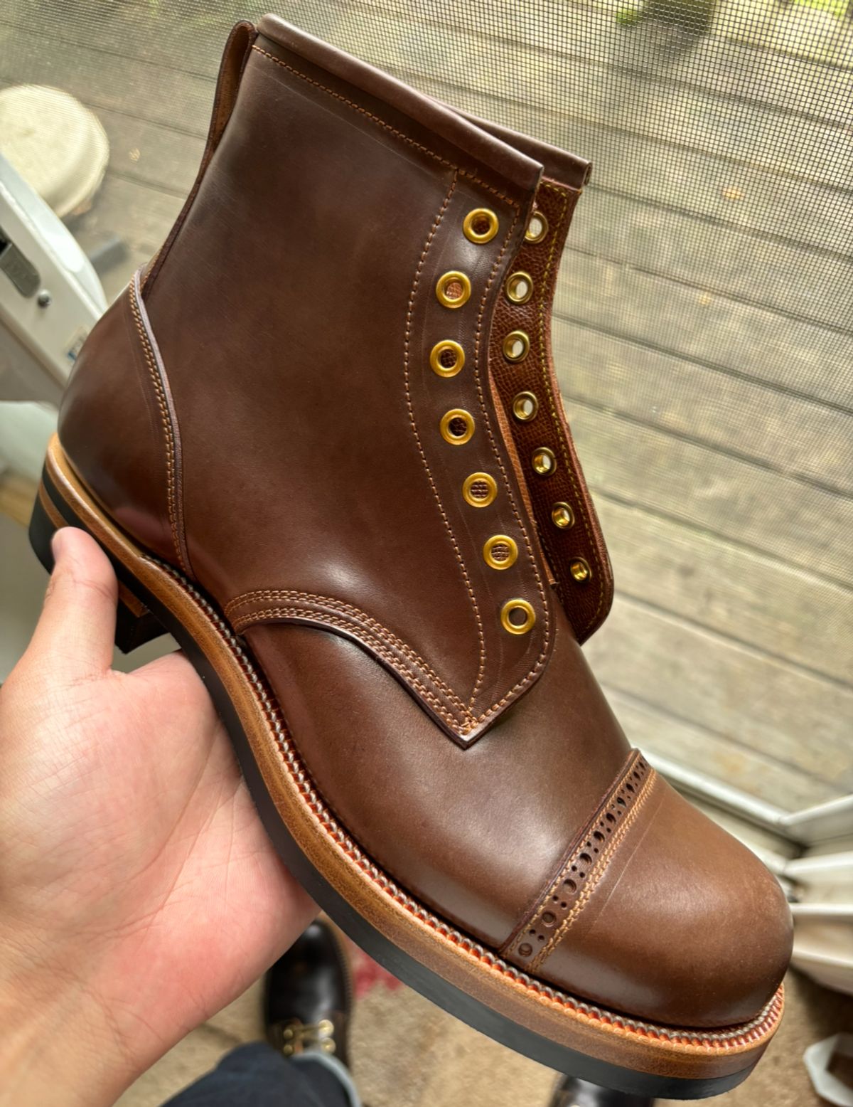 Photo by BootsAndBooks on August 30, 2024 of the Iron Boots 5515 in Maryam Brown Shell Cordovan.