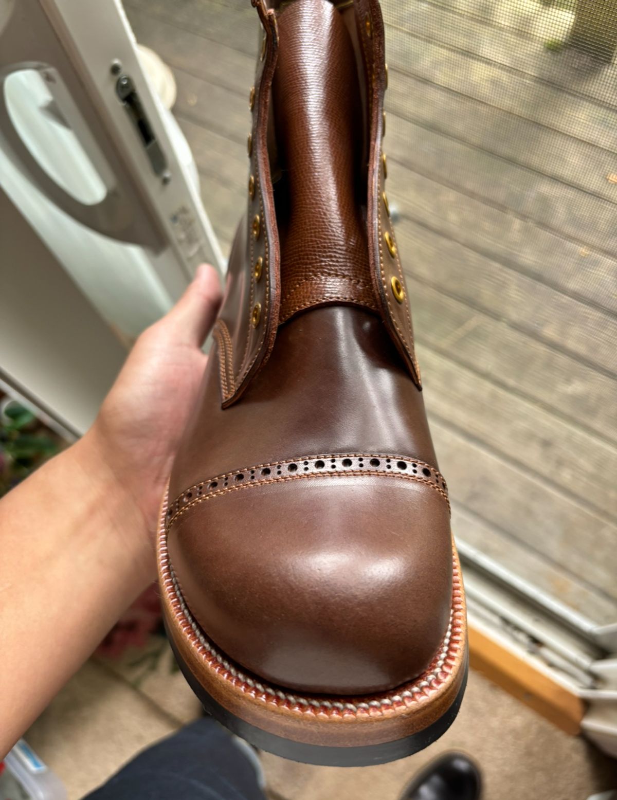 Photo by BootsAndBooks on August 30, 2024 of the Iron Boots 5515 in Maryam Brown Shell Cordovan.