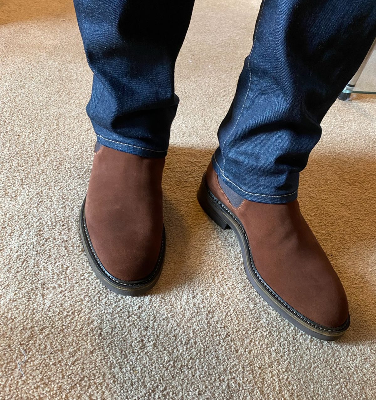 Photo by BootsAndBooks on August 22, 2024 of the Rider Boot Co. Fritz in C.F. Stead Polo Brown Repello Calf Suede.