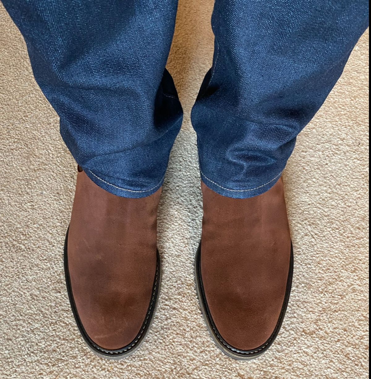 Photo by BootsAndBooks on August 22, 2024 of the Rider Boot Co. Fritz in C.F. Stead Polo Brown Repello Calf Suede.