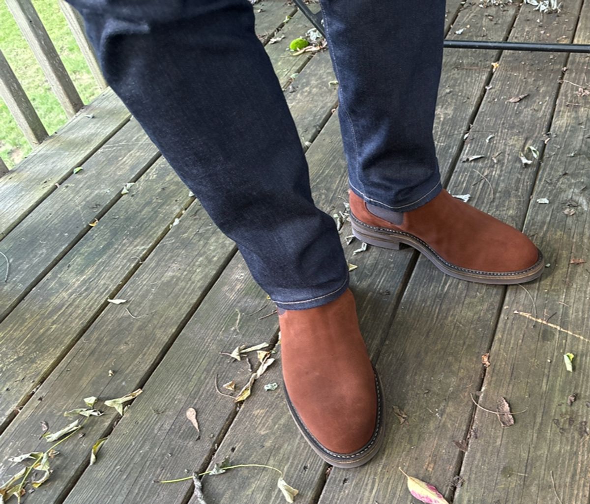 Photo by BootsAndBooks on August 22, 2024 of the Rider Boot Co. Fritz in C.F. Stead Polo Brown Repello Calf Suede.