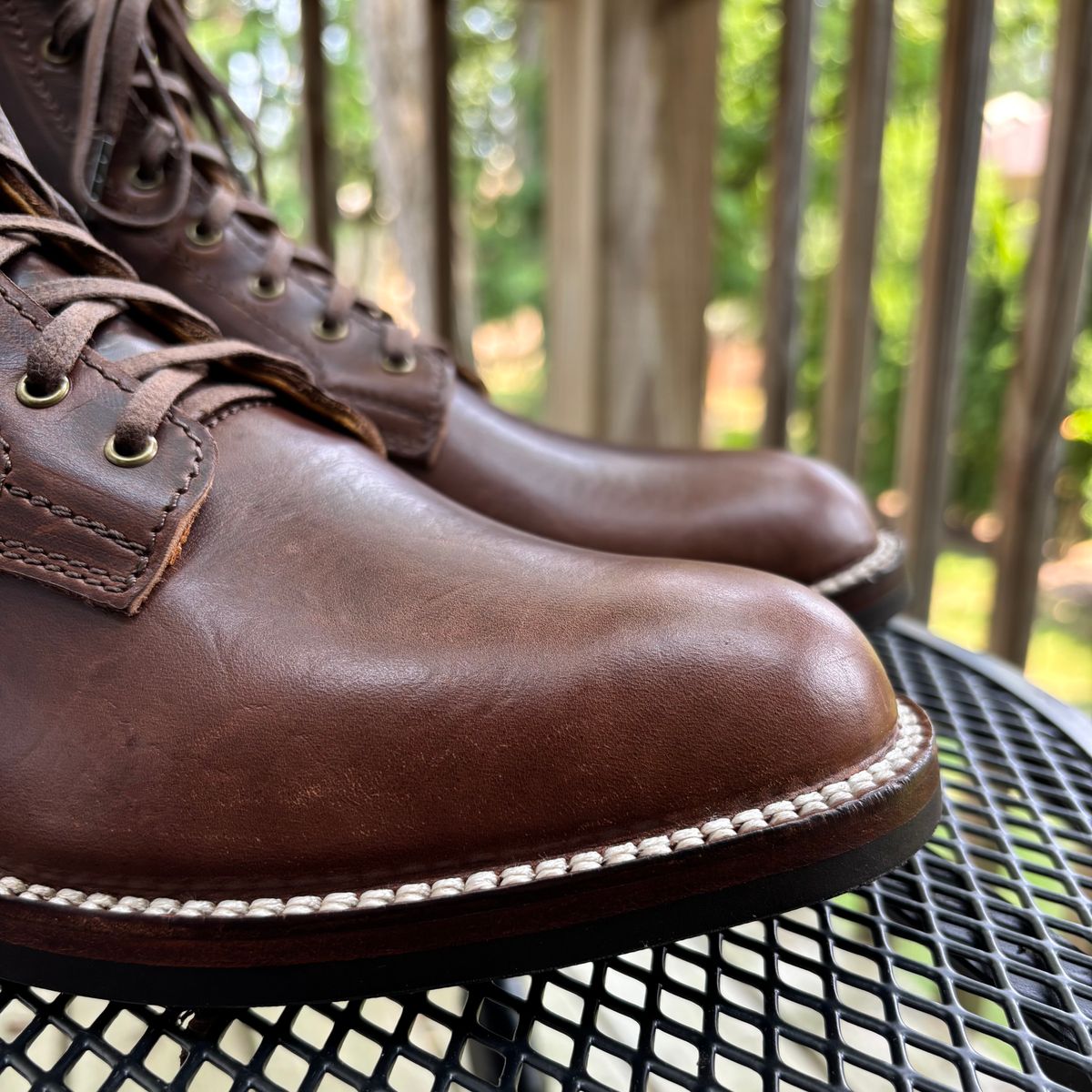 Photo by RawCordedSoul on August 8, 2025 of the Oldspeed Service Boot 6” in Horween Brown Chromexcel Horsehide.