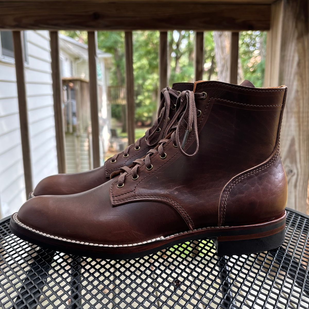 Photo by RawCordedSoul on August 8, 2025 of the Oldspeed Service Boot 6” in Horween Brown Chromexcel Horsehide.