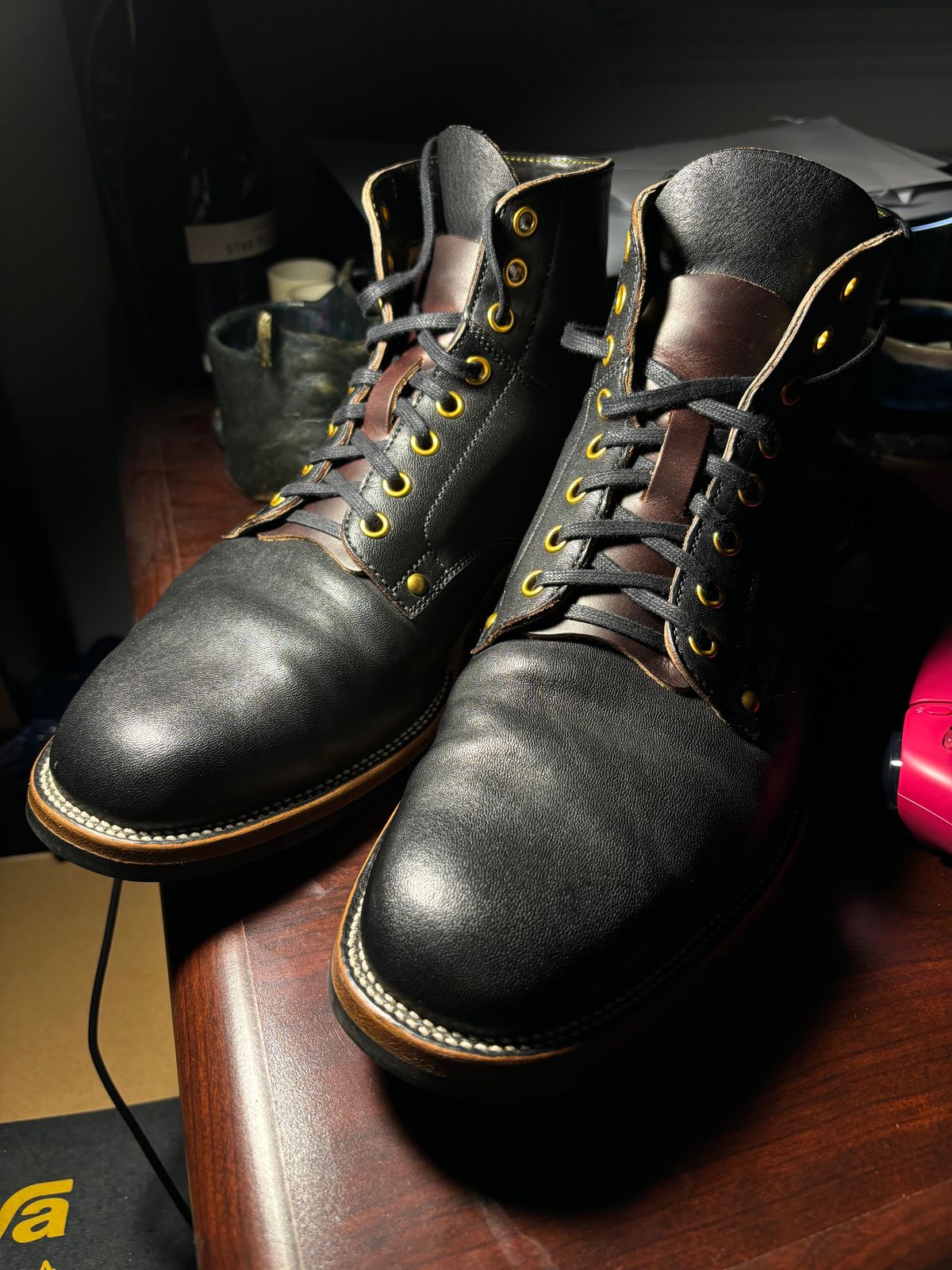 Photo by BootsAndBooks on August 28, 2024 of the Iron Boots x Østmo Type 1 in Maryam Black Hand-Dyed Horsehide.