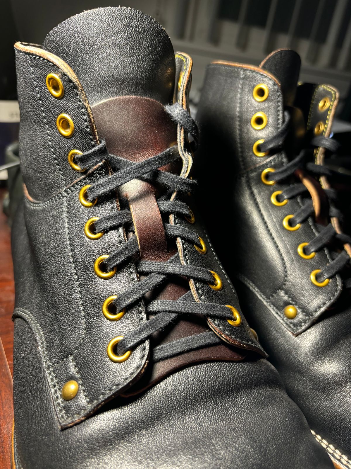 Photo by BootsAndBooks on August 28, 2024 of the Iron Boots x Østmo Type 1 in Maryam Black Hand-Dyed Horsehide.