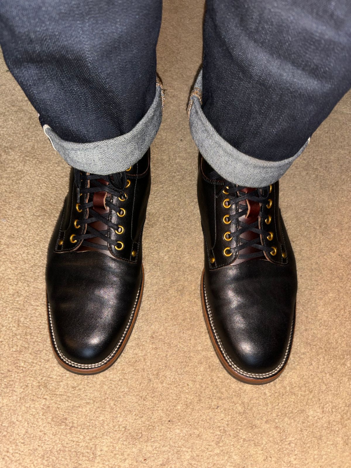 Photo by BootsAndBooks on August 27, 2024 of the Iron Boots x Østmo Type 1 in Maryam Black Hand-Dyed Horsehide.