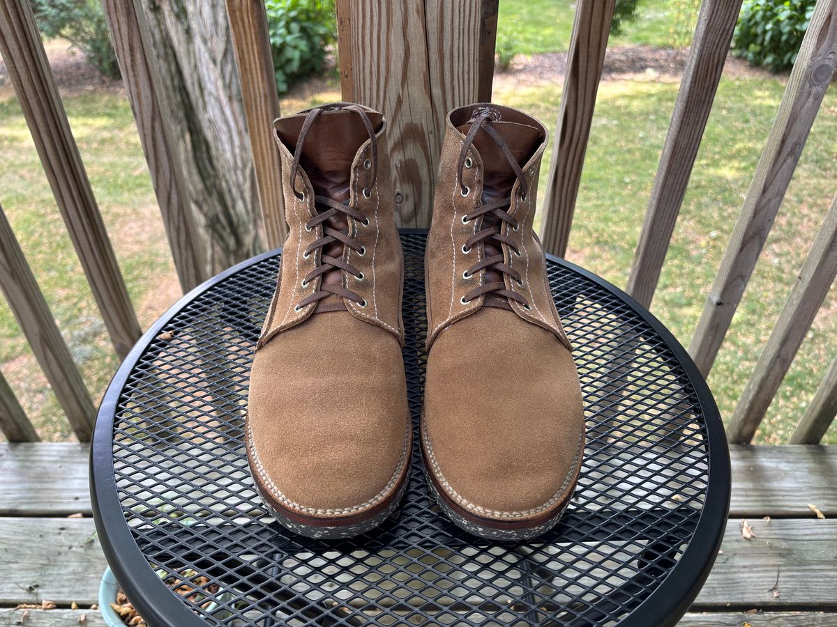 Photo by RawCordedSoul on August 28, 2025 of the Oldspeed Henry Johnson Trench Boot in Horween Natural Chromexcel Roughout.