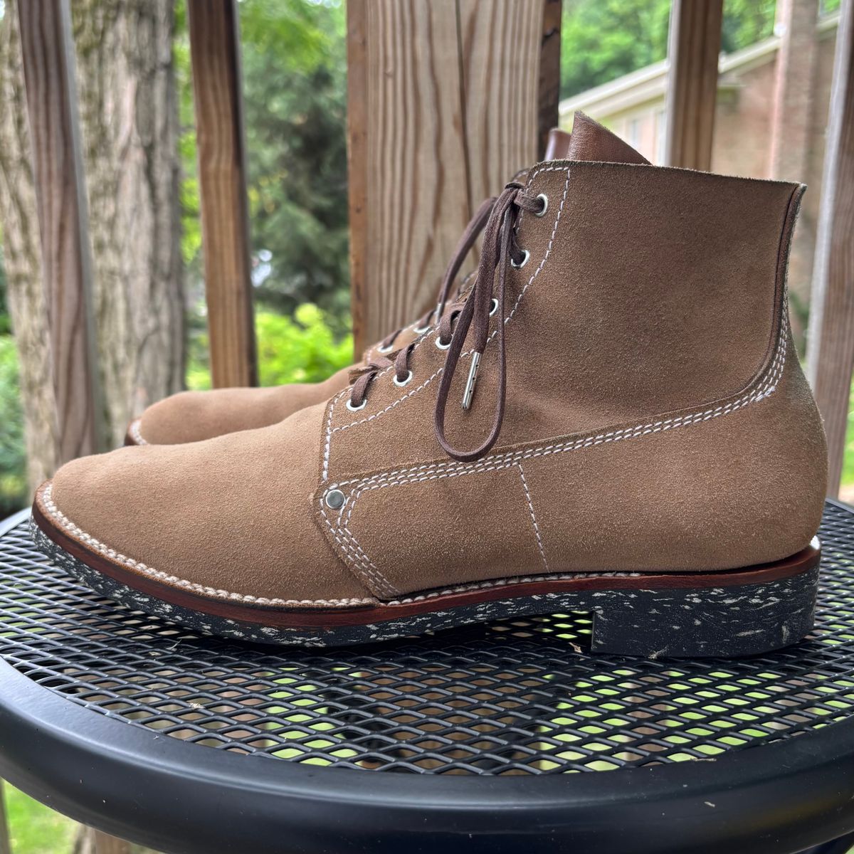 Photo by RawCordedSoul on June 27, 2025 of the Oldspeed Trench Boot in Horween Natural Chromexcel Roughout.
