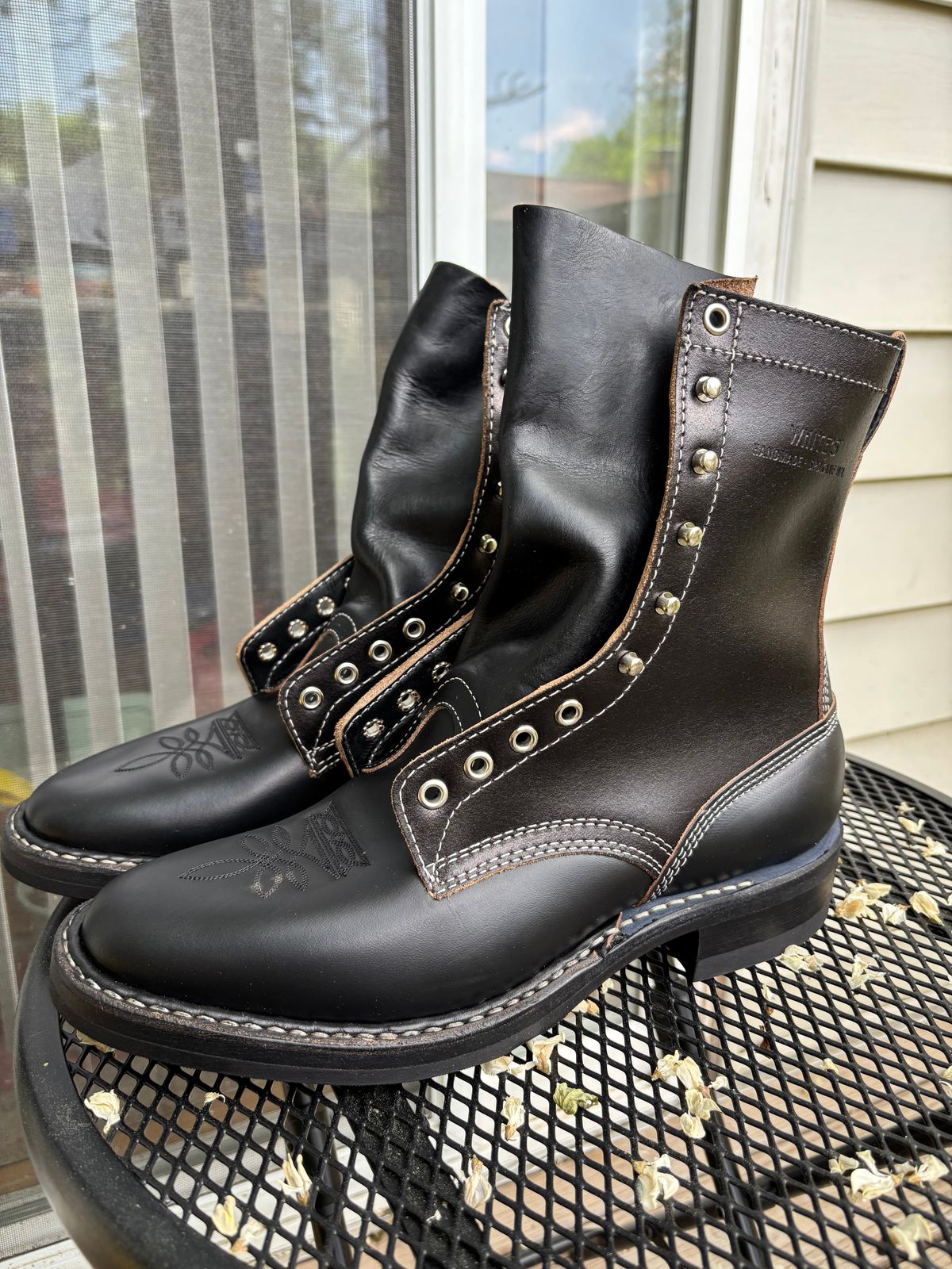 Photo by RawCordedSoul on June 5, 2025 of the White's Pickett Collab Boot in Horween Black Chromexcel Horsehide & Horween Black Waxed Flesh.