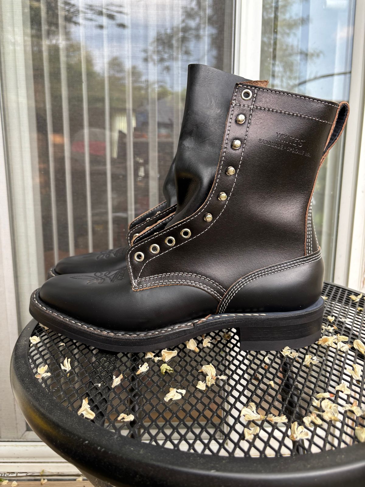 Photo by RawCordedSoul on June 5, 2025 of the White's Pickett Collab Boot in Horween Black Chromexcel Horsehide & Horween Black Waxed Flesh.