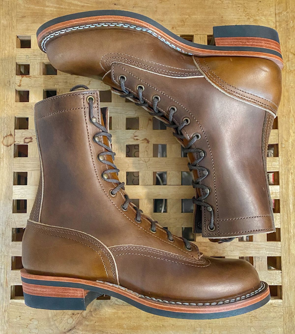 Photo by Vinnie’sBigAdventure on October 3, 2023 of the Nicks Lace to Toe Heritage in Horween British Tan Chromexcel.