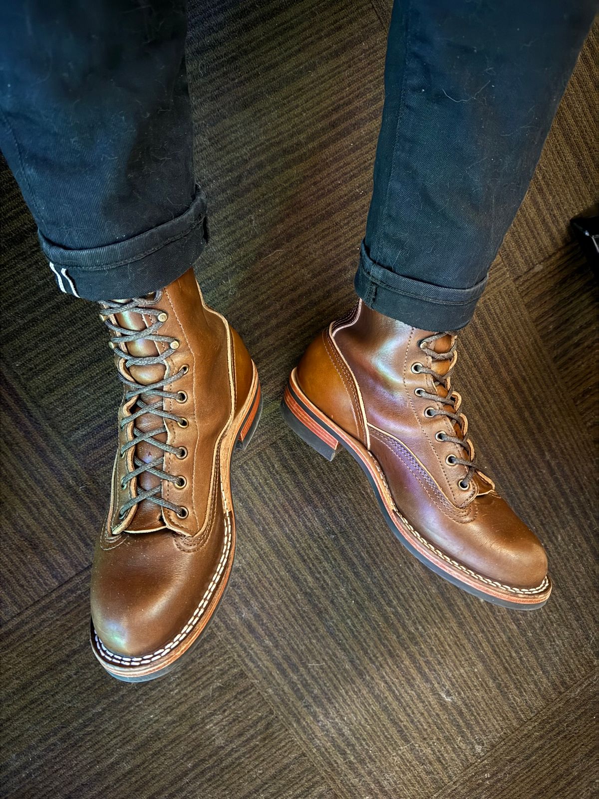 Photo by Vinnie’sBigAdventure on January 2, 2024 of the Nicks Lace to Toe Heritage in Horween British Tan Chromexcel.