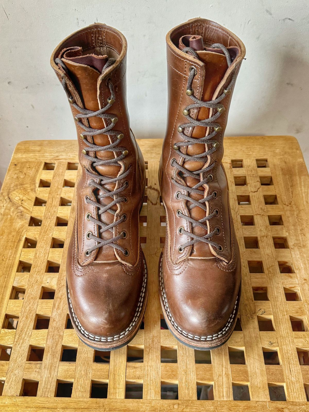 Photo by Vinnie’sBigAdventure on April 4, 2024 of the Nicks Lace to Toe Heritage in Horween British Tan Chromexcel.