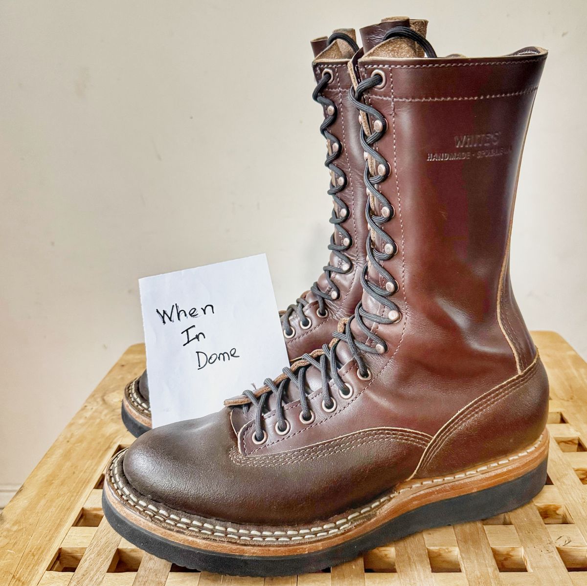 Photo by Vinnie’sBigAdventure on November 4, 2024 of the White's Smokejumper in Horween Cinnamon Waxed Flesh & Horween Brown Chromexcel.