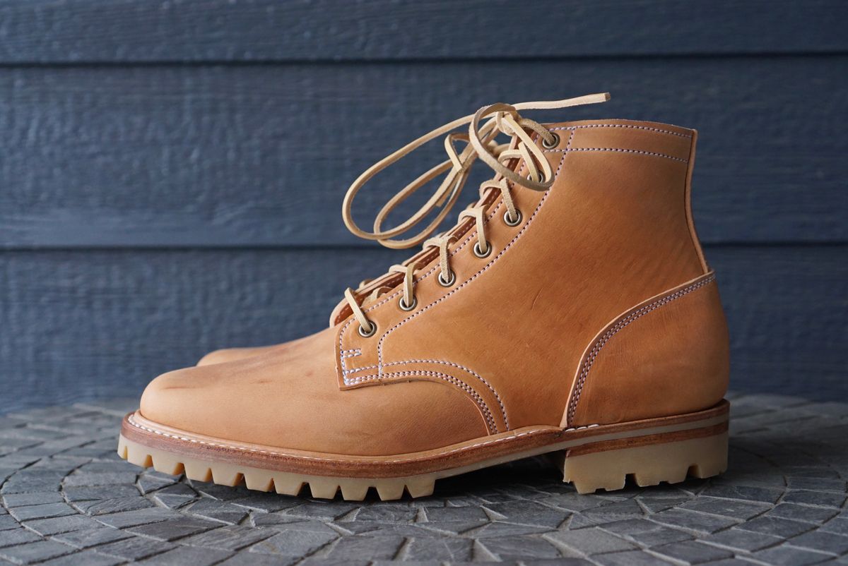 Photo by GuardedGoods on April 23, 2022 of the Truman Service Boot in Maryam Natural Horsebutt.