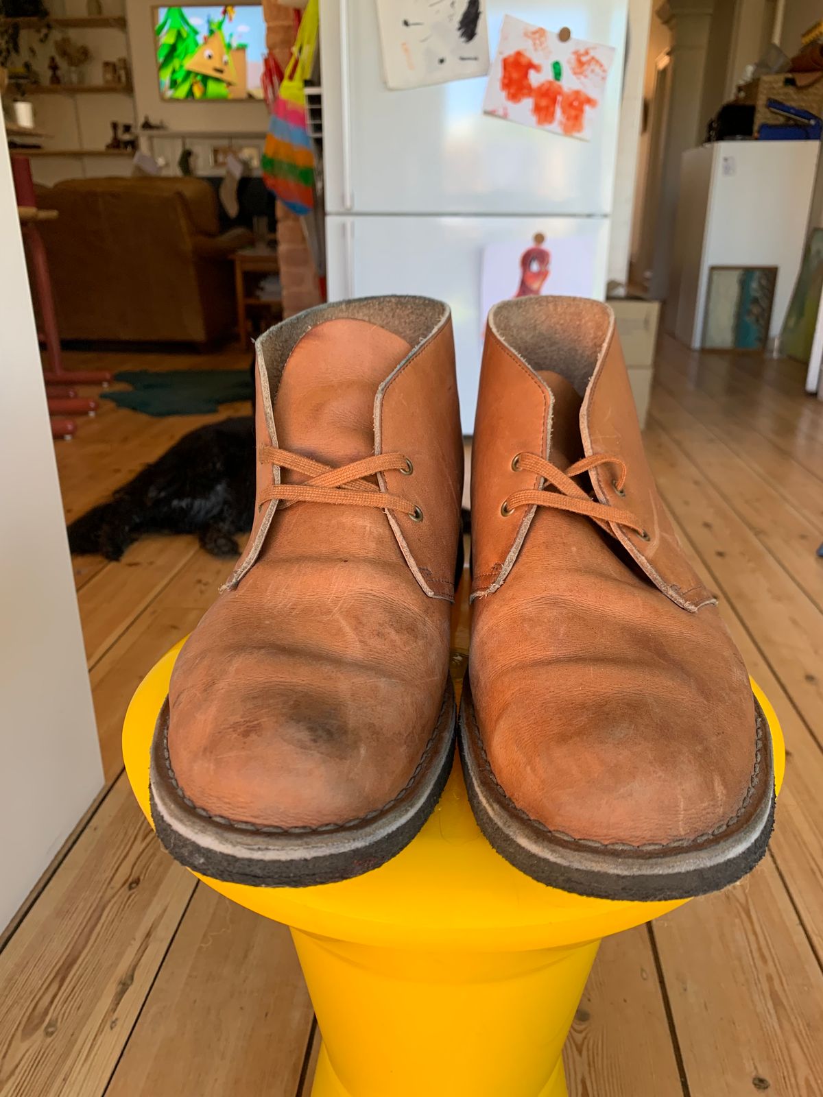 Photo by TheMorrie on December 3, 2023 of the Clarks Desert Boot in Dark Tan.