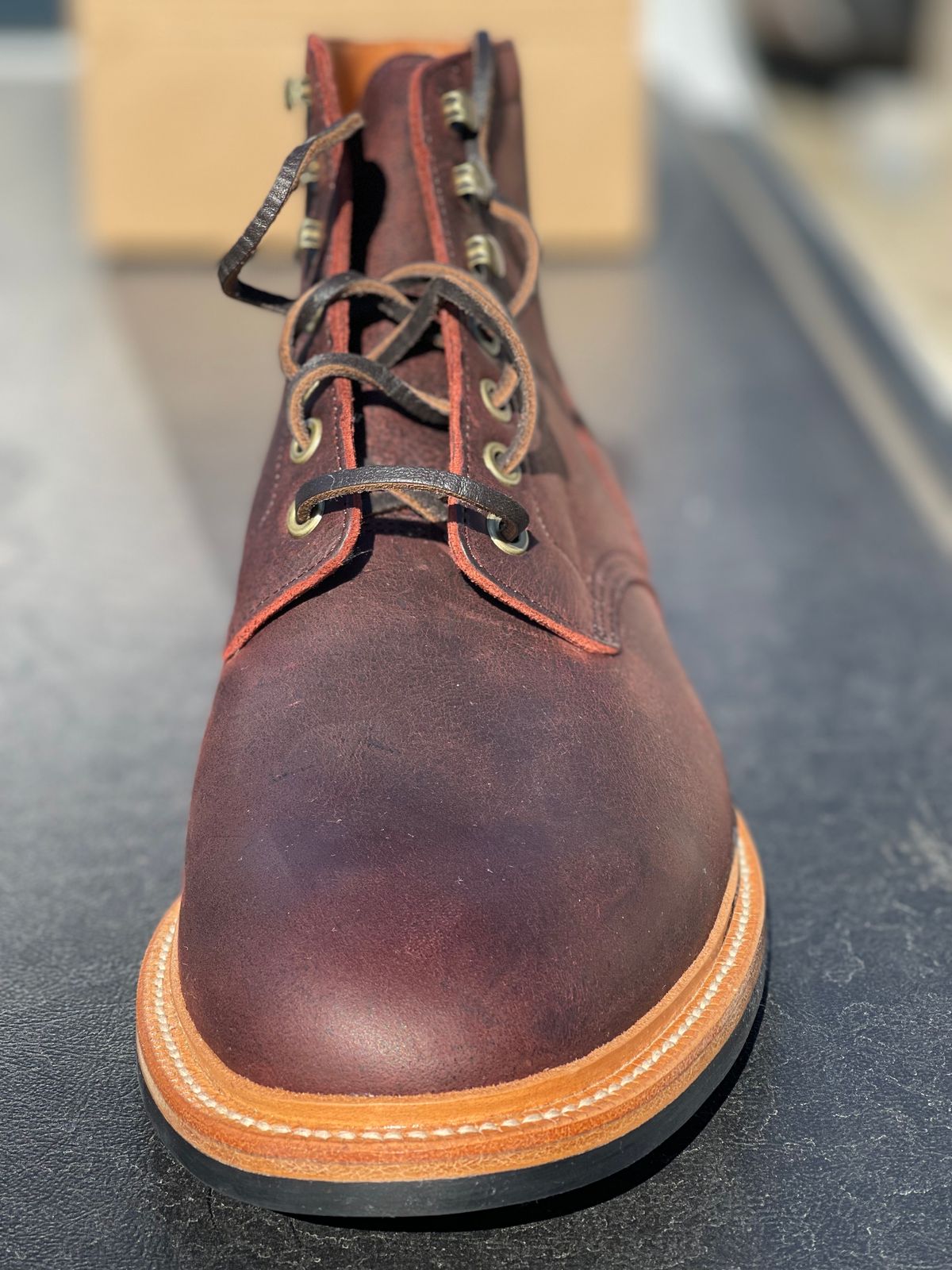 Photo by nasnurse on September 19, 2022 of the Grant Stone Diesel Boot in C.F. Stead Dark Burgundy Classic Kudu.