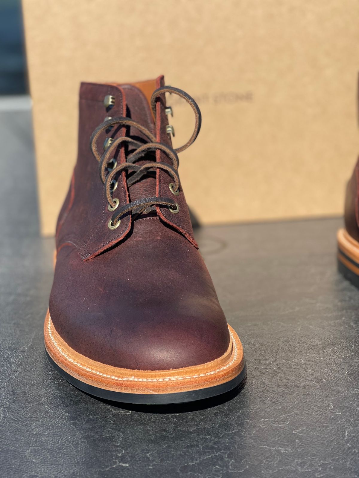 Photo by nasnurse on September 19, 2022 of the Grant Stone Diesel Boot in C.F. Stead Dark Burgundy Classic Kudu.