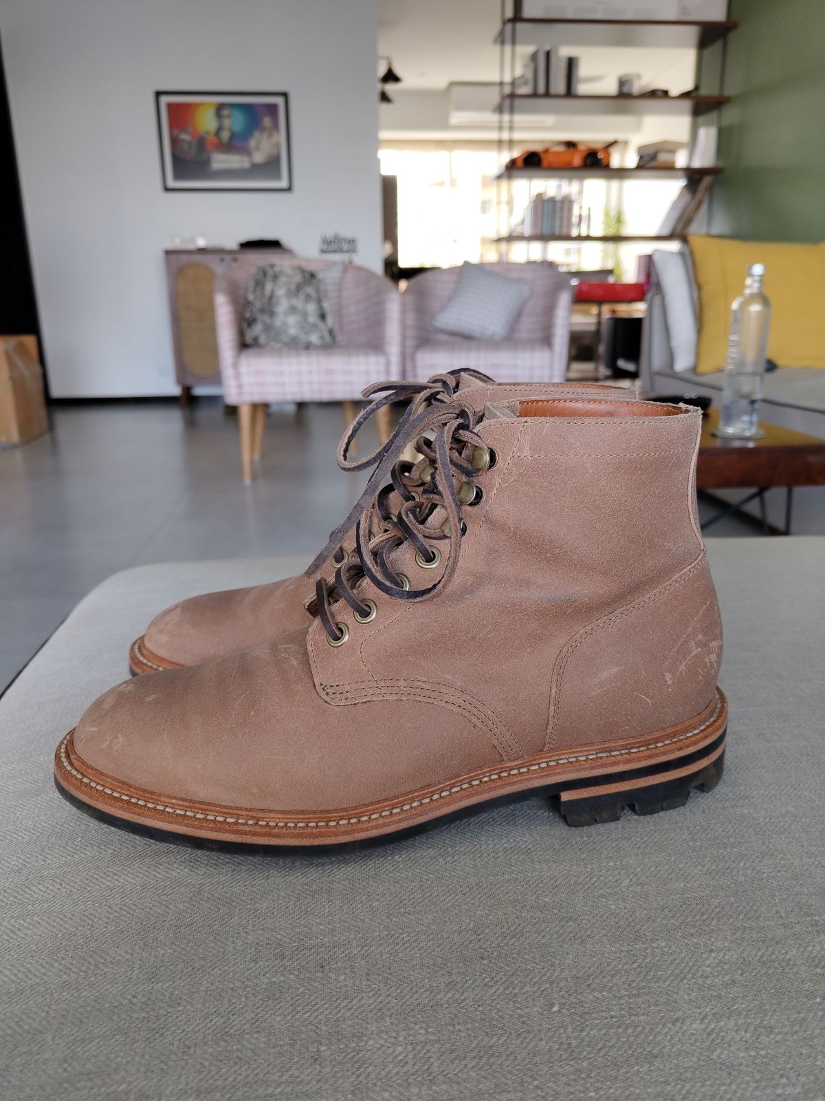 Photo by agogo on November 4, 2022 of the Grant Stone Diesel Boot in C.F. Stead Natural Waxy Commander Suede.