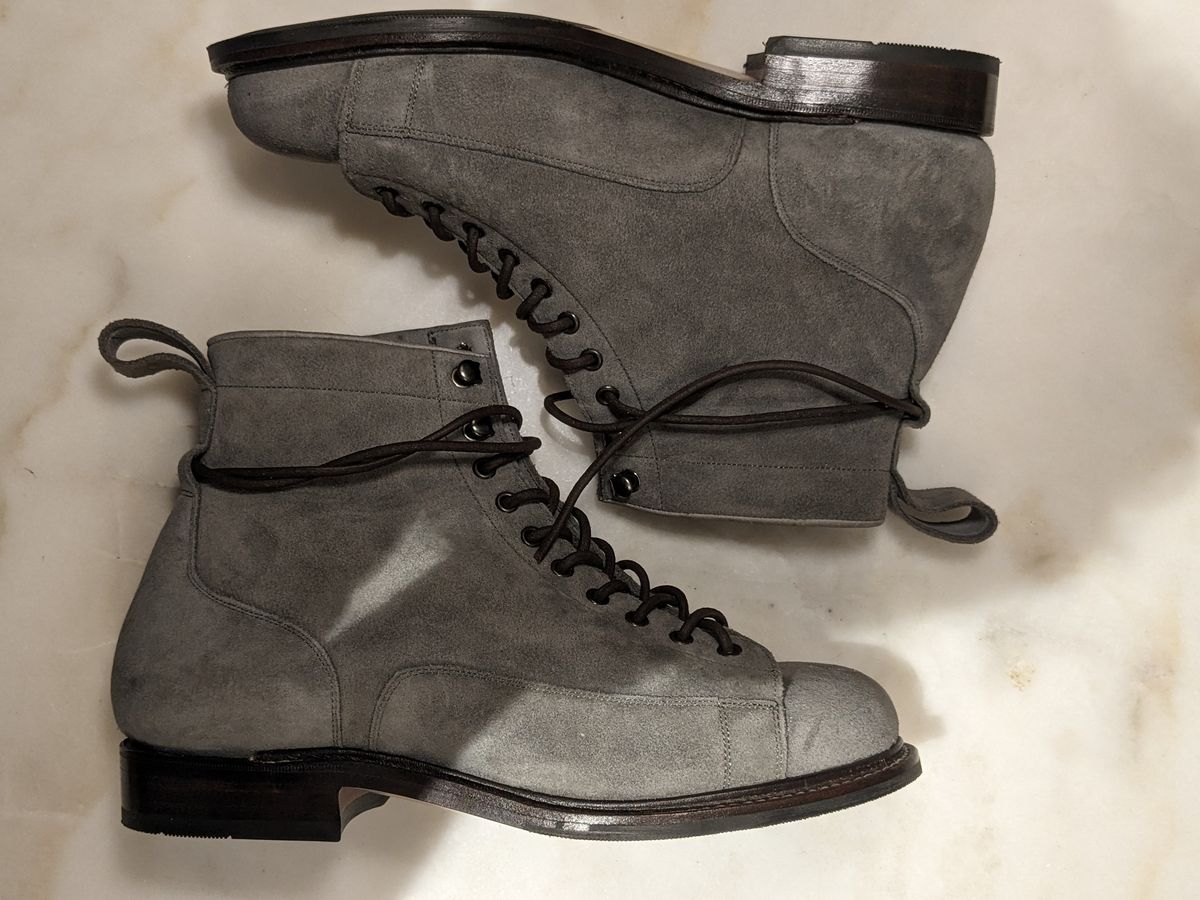 Photo by thereluctantshoemaker on November 5, 2023 of the Bridlen Monkey Boot in C.F. Stead Baltic Kudu Reverse.
