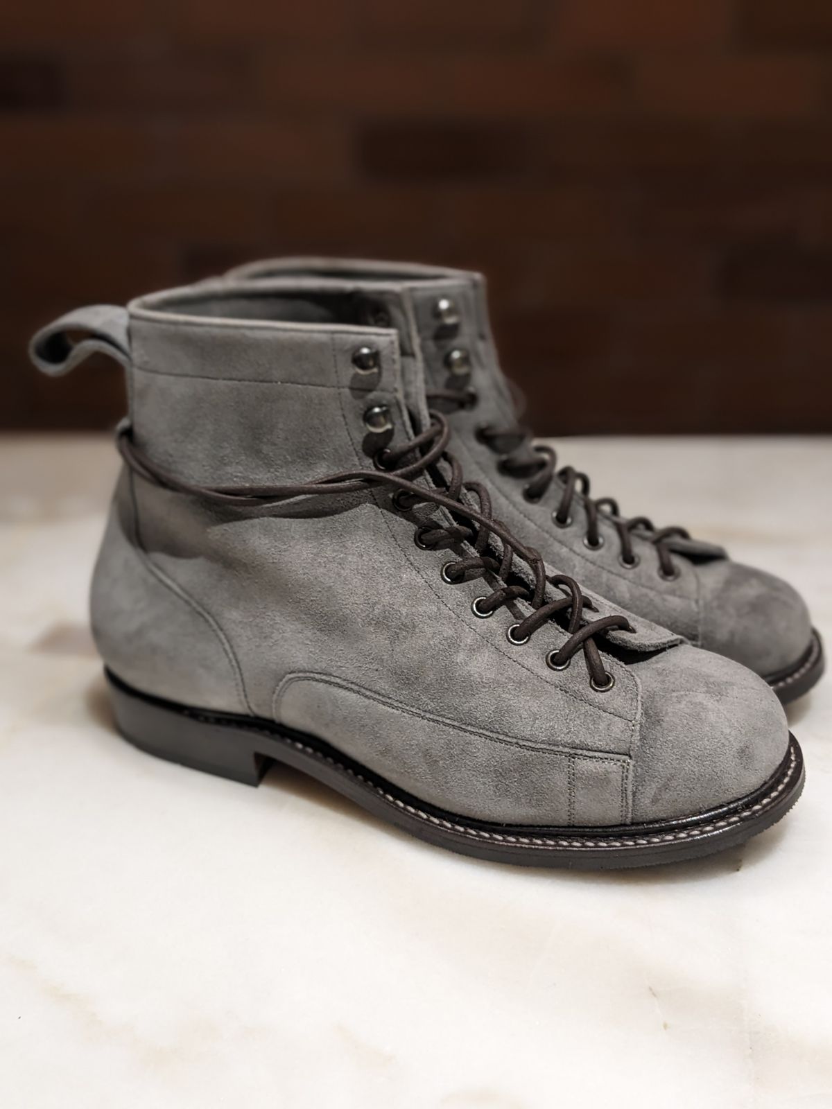 Photo by thereluctantshoemaker on November 5, 2023 of the Bridlen Monkey Boot in C.F. Stead Baltic Kudu Reverse.