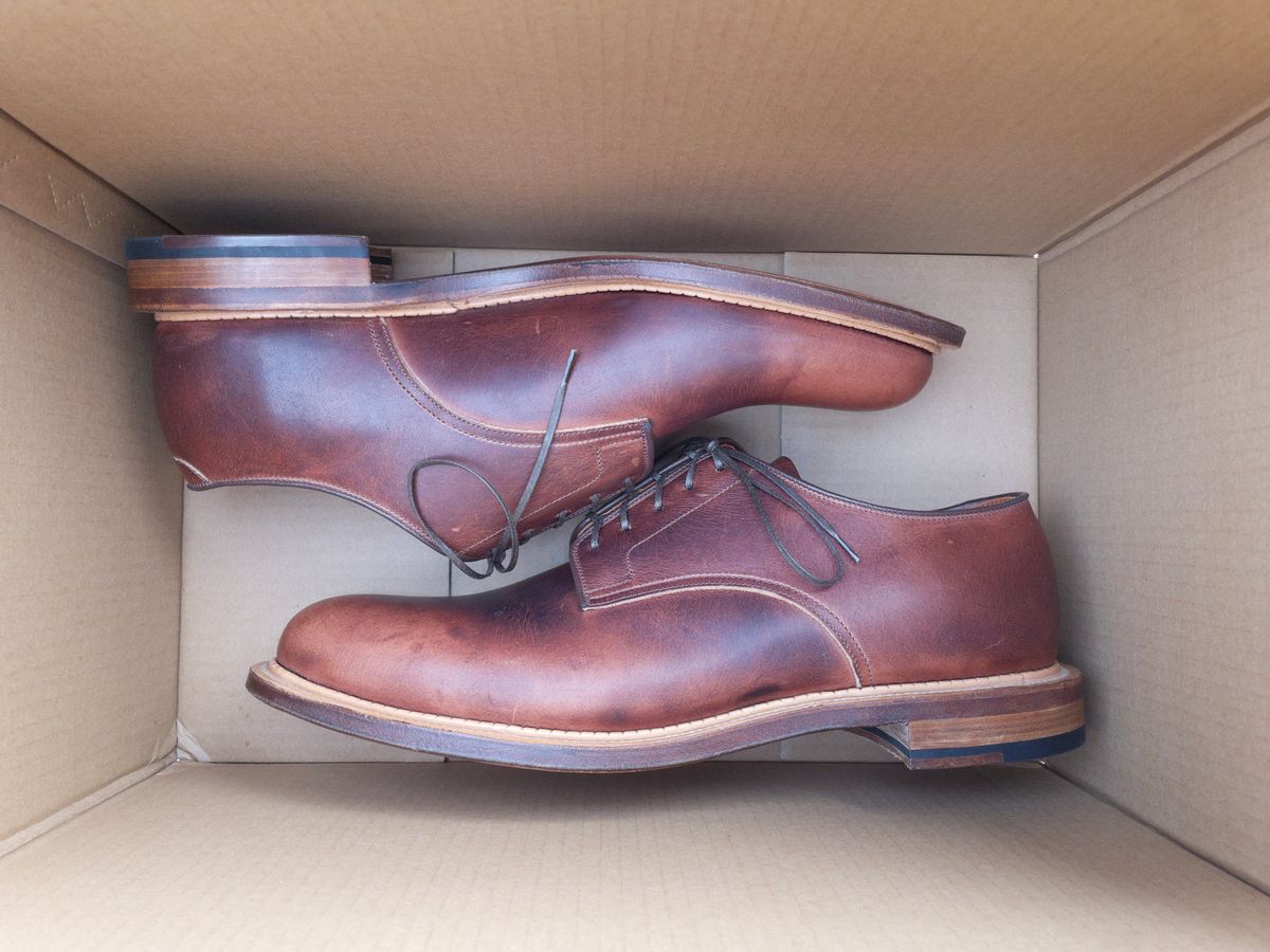 Photo by grantsyourguy on November 5, 2024 of the Viberg Rockland Blucher in Horween Nut Cypress.